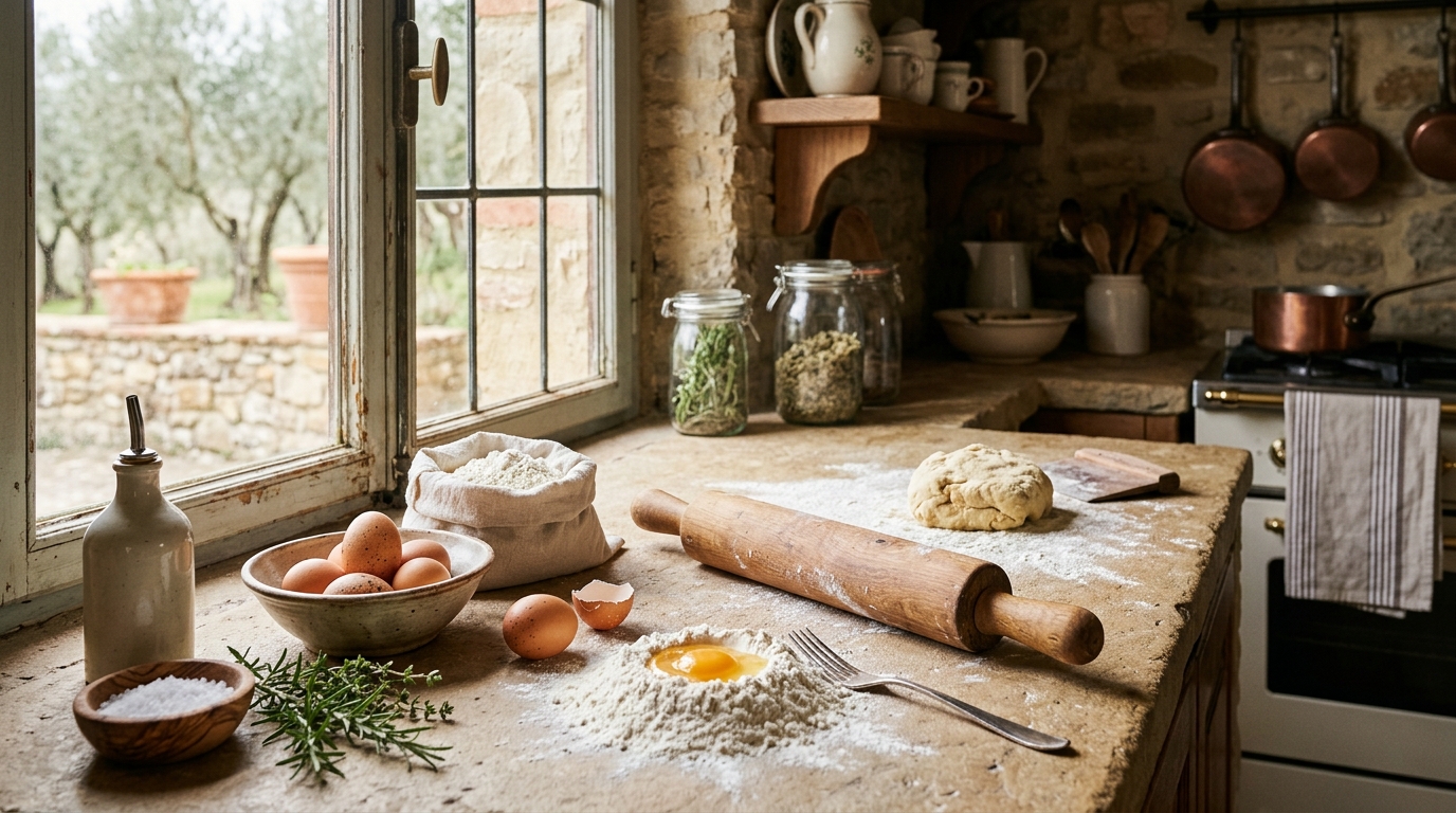 Ingredienti freschi per la pasta su un piano di lavoro in pietra calda