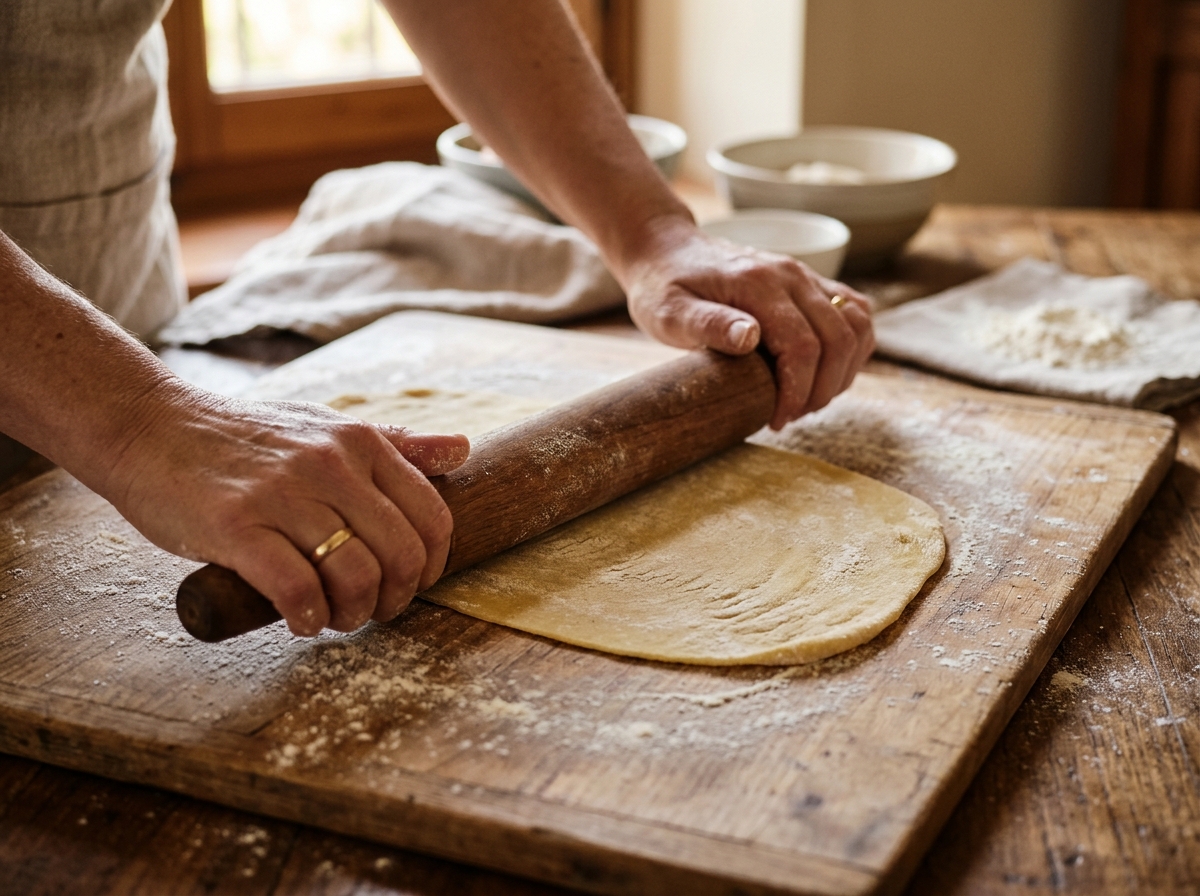 Mani che stendono la pasta su un tagliere di legno