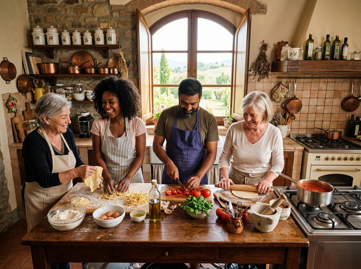 Piccolo gruppo di persone che cucinano insieme in una cucina italiana luminosa
