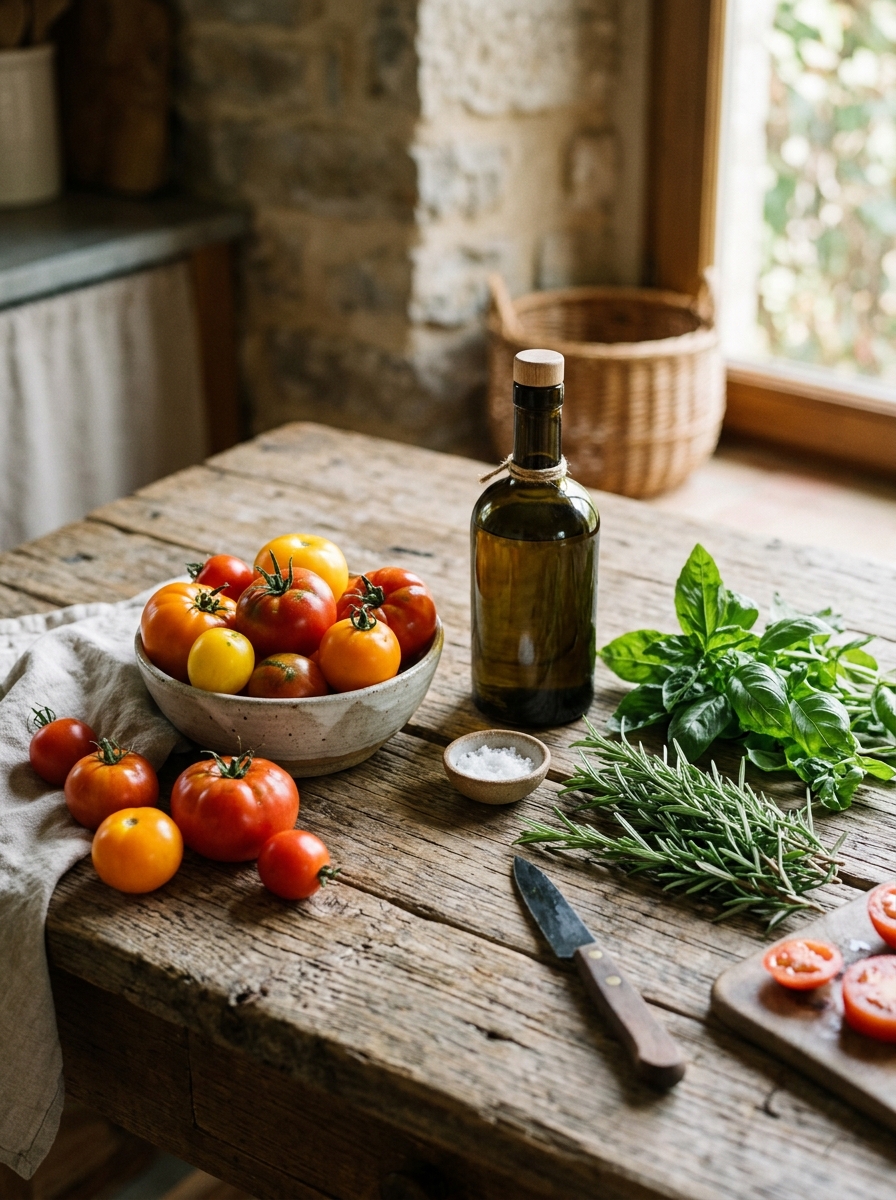 Pomodori di stagione, erbe aromatiche e olio d'oliva su un tavolo semplice